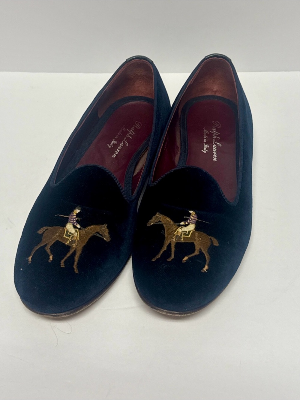 Ralph Lauren Purple Label Embroiderd Horse Velvet Loafers Black with Gold Detail